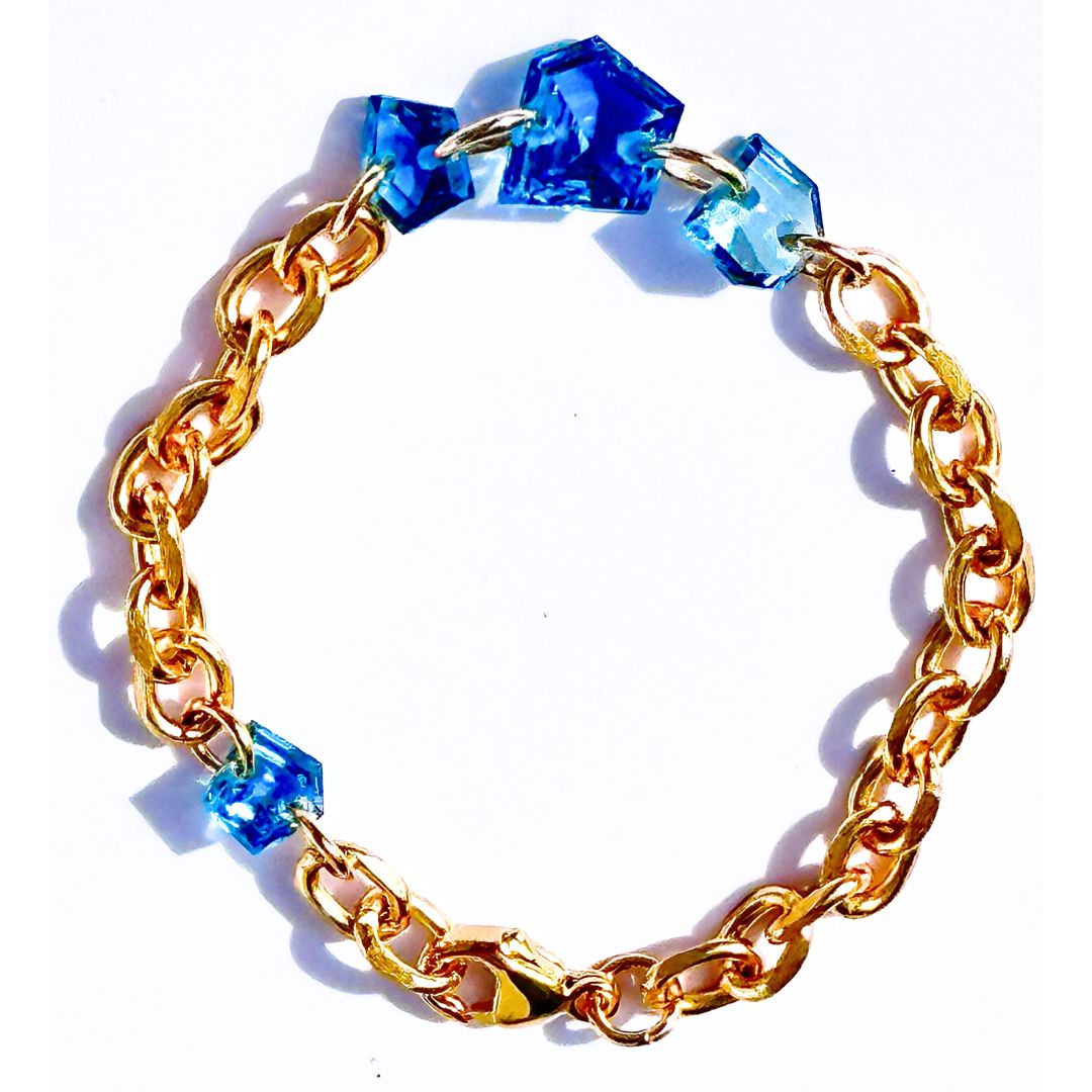 24k Gold Chunky Chain & London Blue Topaz Geometrical Cut Stone Bracelet