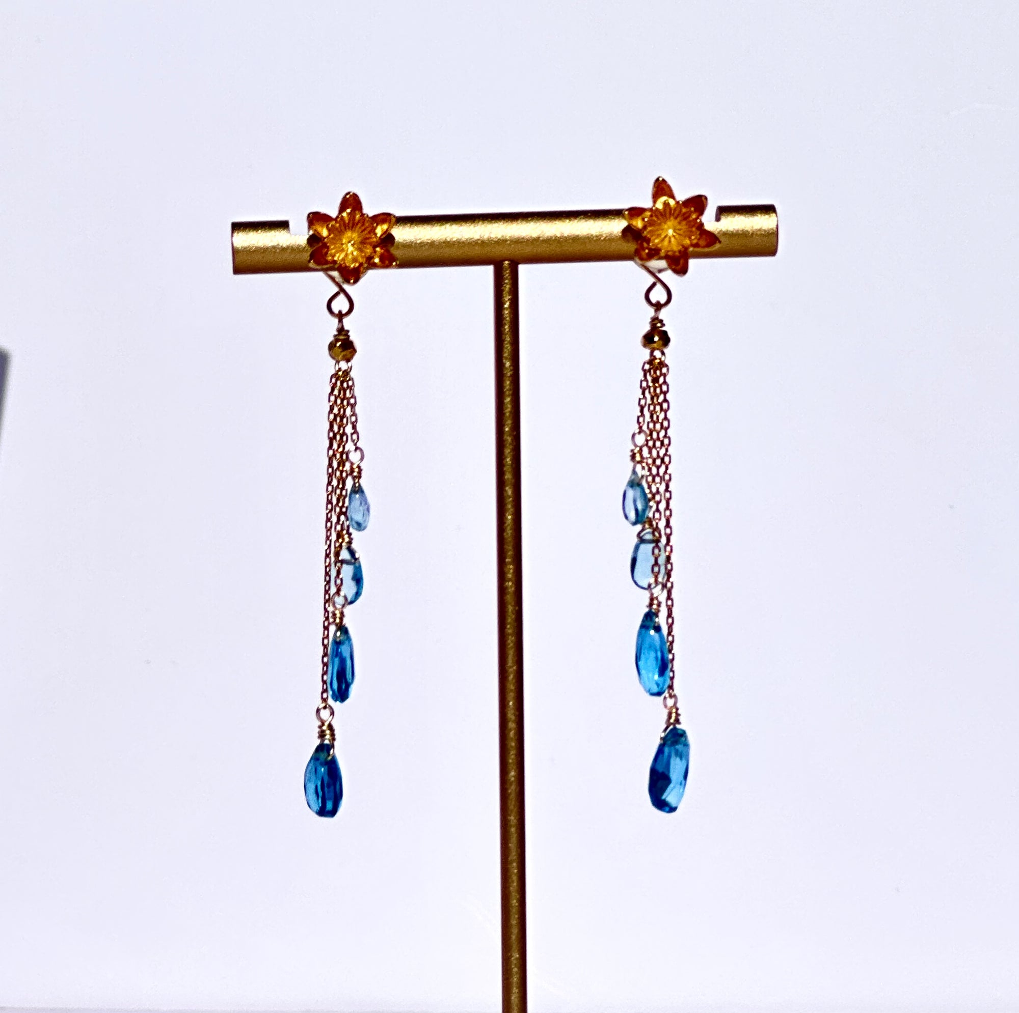 24K Gold Vermeil Lotus Flower & London Blue Topaz Drop Earrings