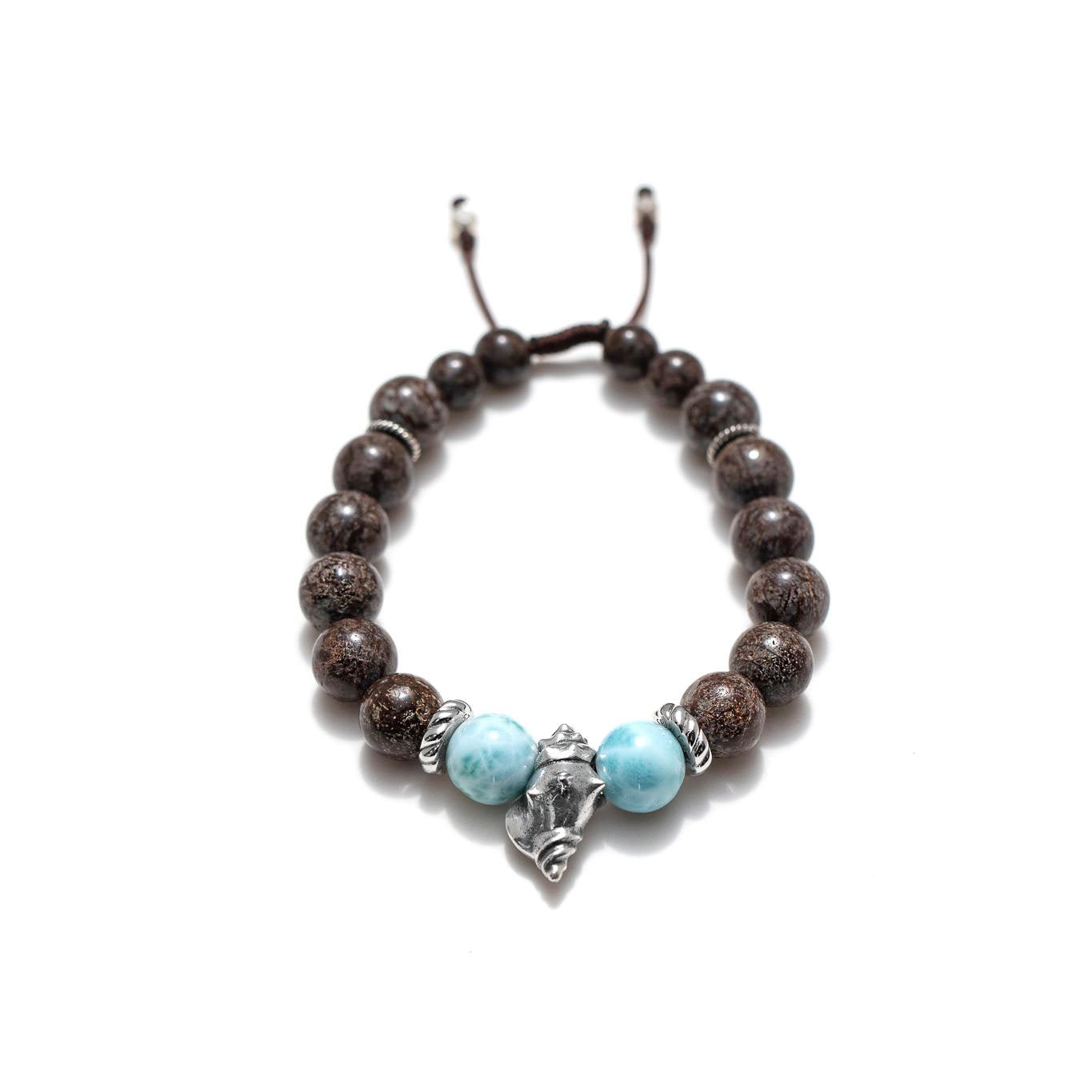 Beaded Bracelet with Solid Sterling Silver Conch Shell, Dominican Larimar & Chocolate Obsidian