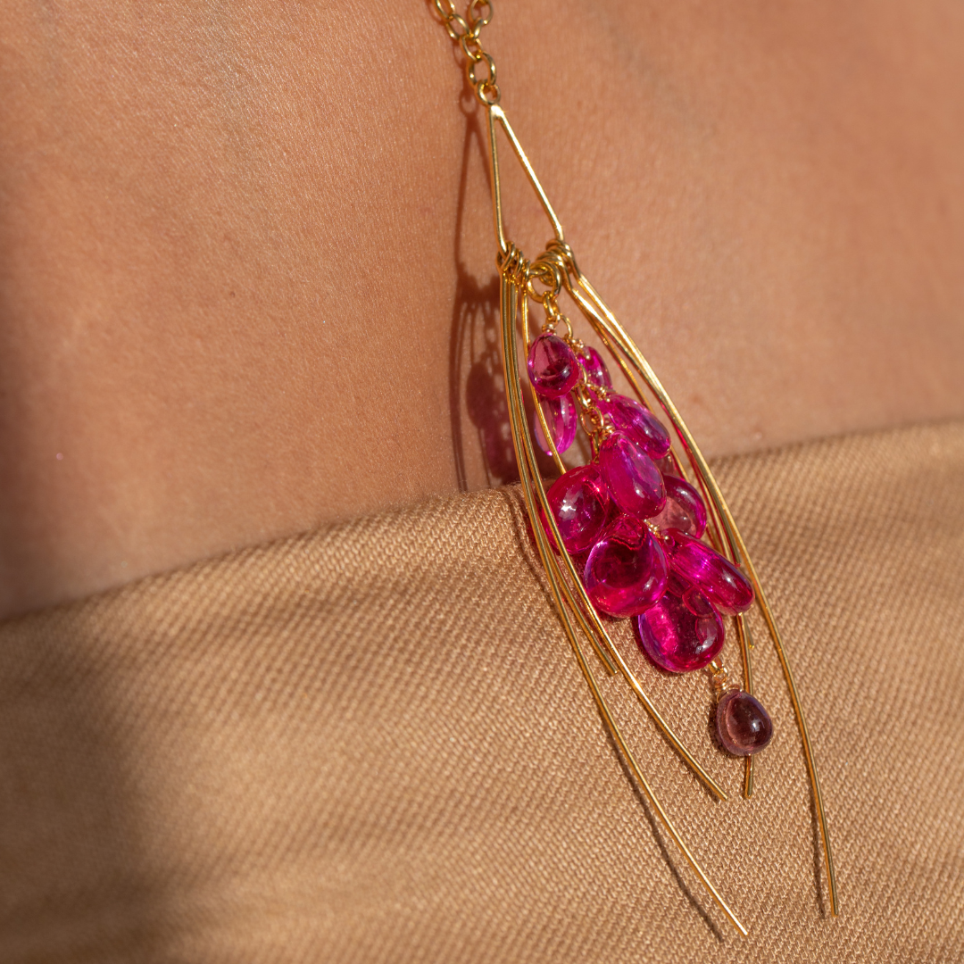 Stunning 24K Gold & Pink Spinel Cascading Pendant Necklace