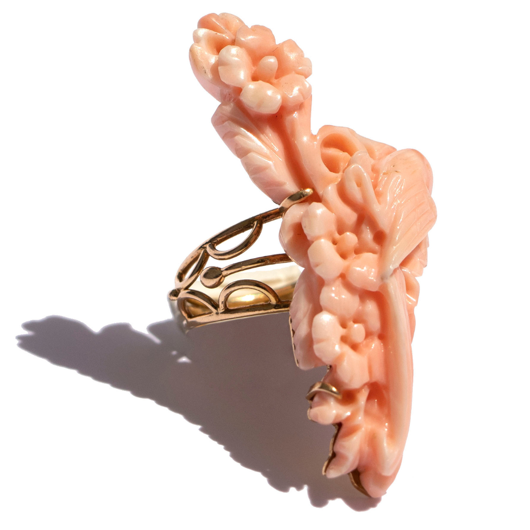14K Solid Gold & Vintage Carved Angel Skin Coral Parrot and Flower Ring