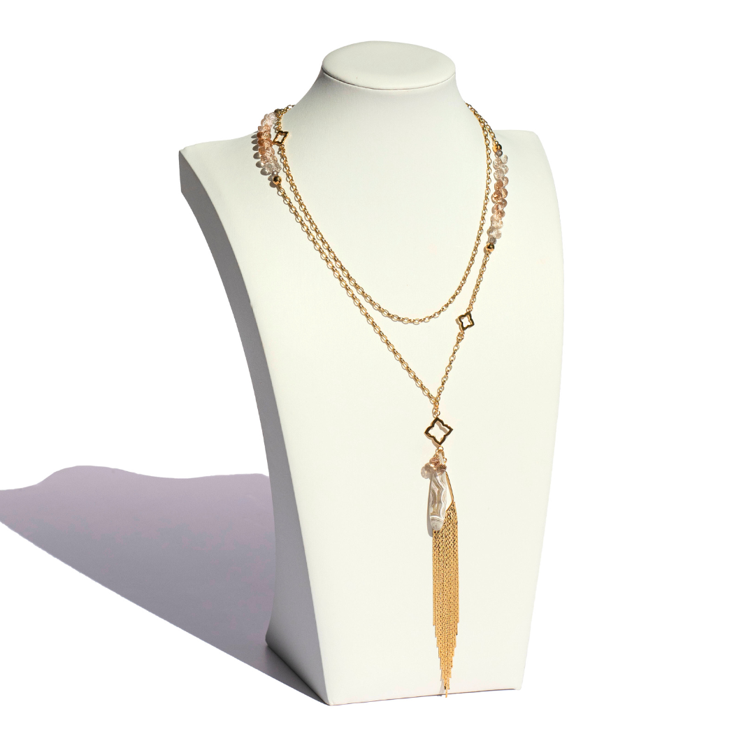 24k Gold Vermeil Long Station Necklace w/ Drops of Imperial Topaz & Crazy Lace Agate Pendant