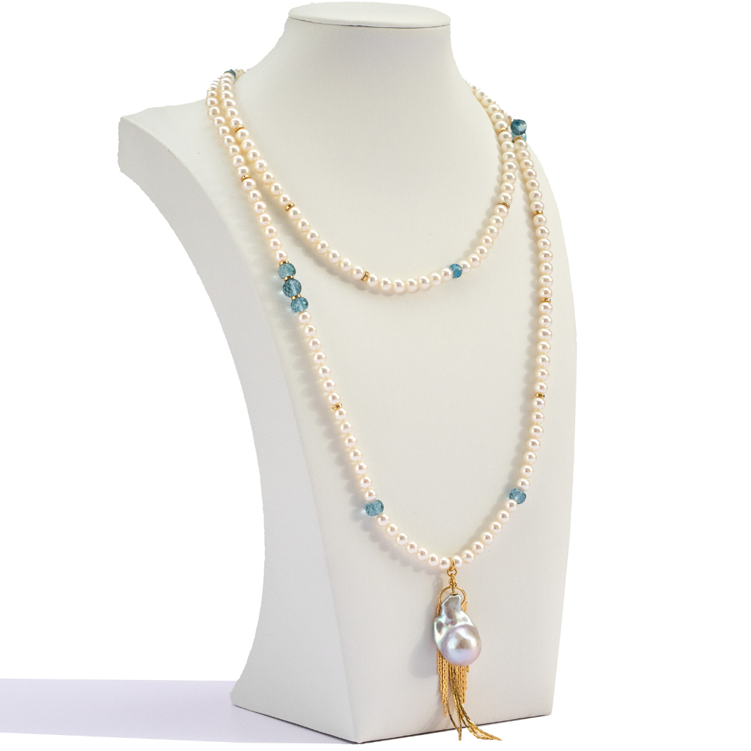 Long Versatile Premium Freshwater Pearl & London Blue Topaz Necklace
