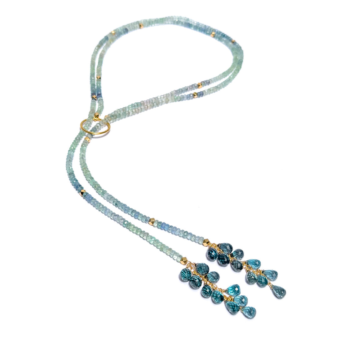 Long Lariat Necklace w/ Rare Premium Blue Fluorite, Teal Blue Topaz & 24K Gold Vermeil &