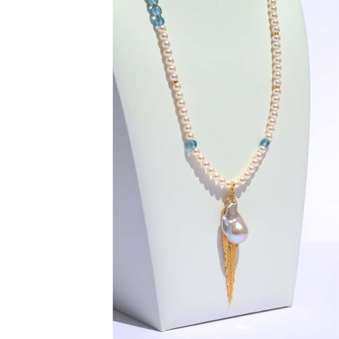 Long Versatile Premium Freshwater Pearl & London Blue Topaz Necklace