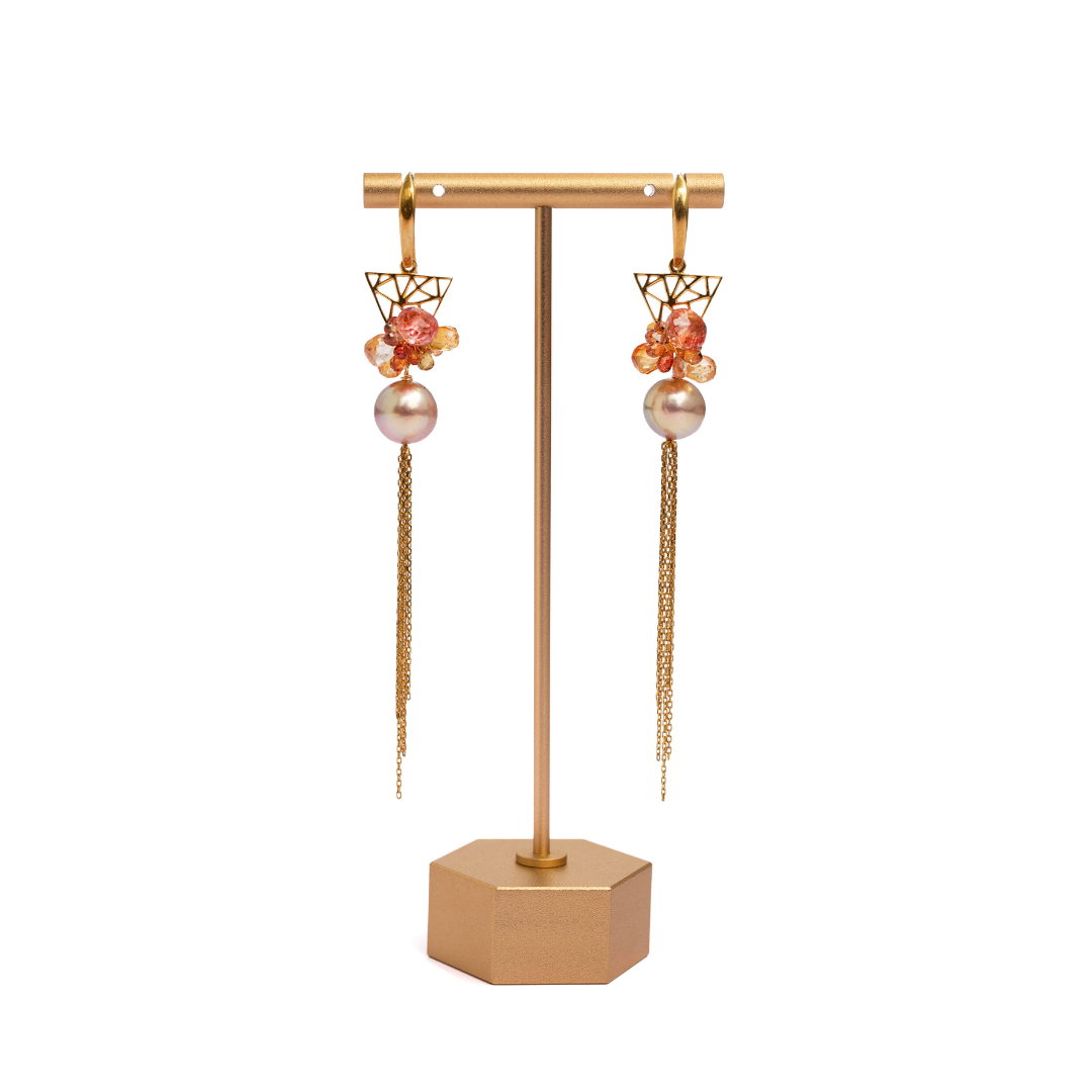 Gorgeous Padparadscha Sapphire Bouquet Earrings with Premium Edison Pearls & 24K GV
