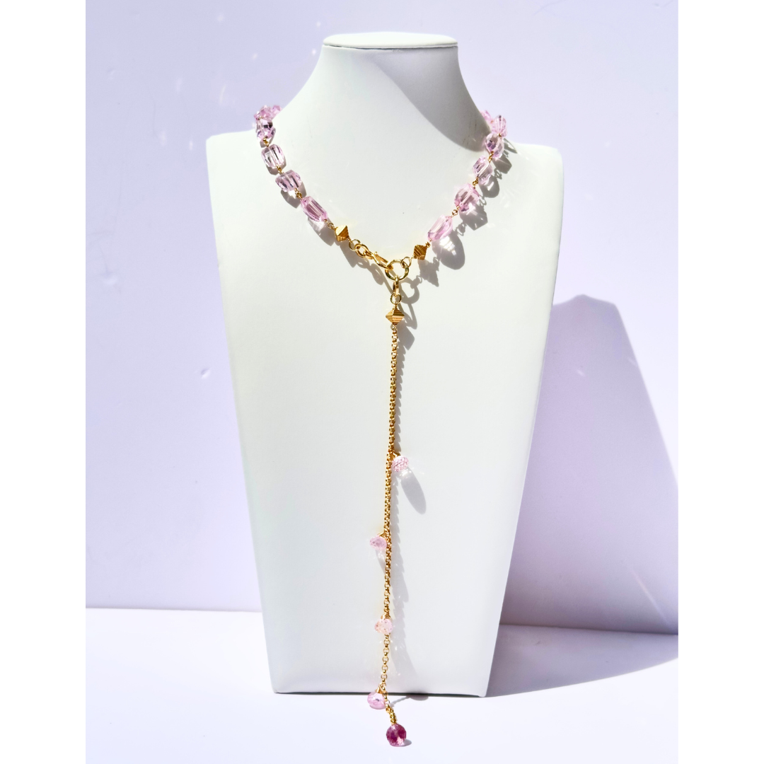 24K Gold Vermeil Long Lariat Necklace w/ Stunning Hand-Cut Light Pink Spinels