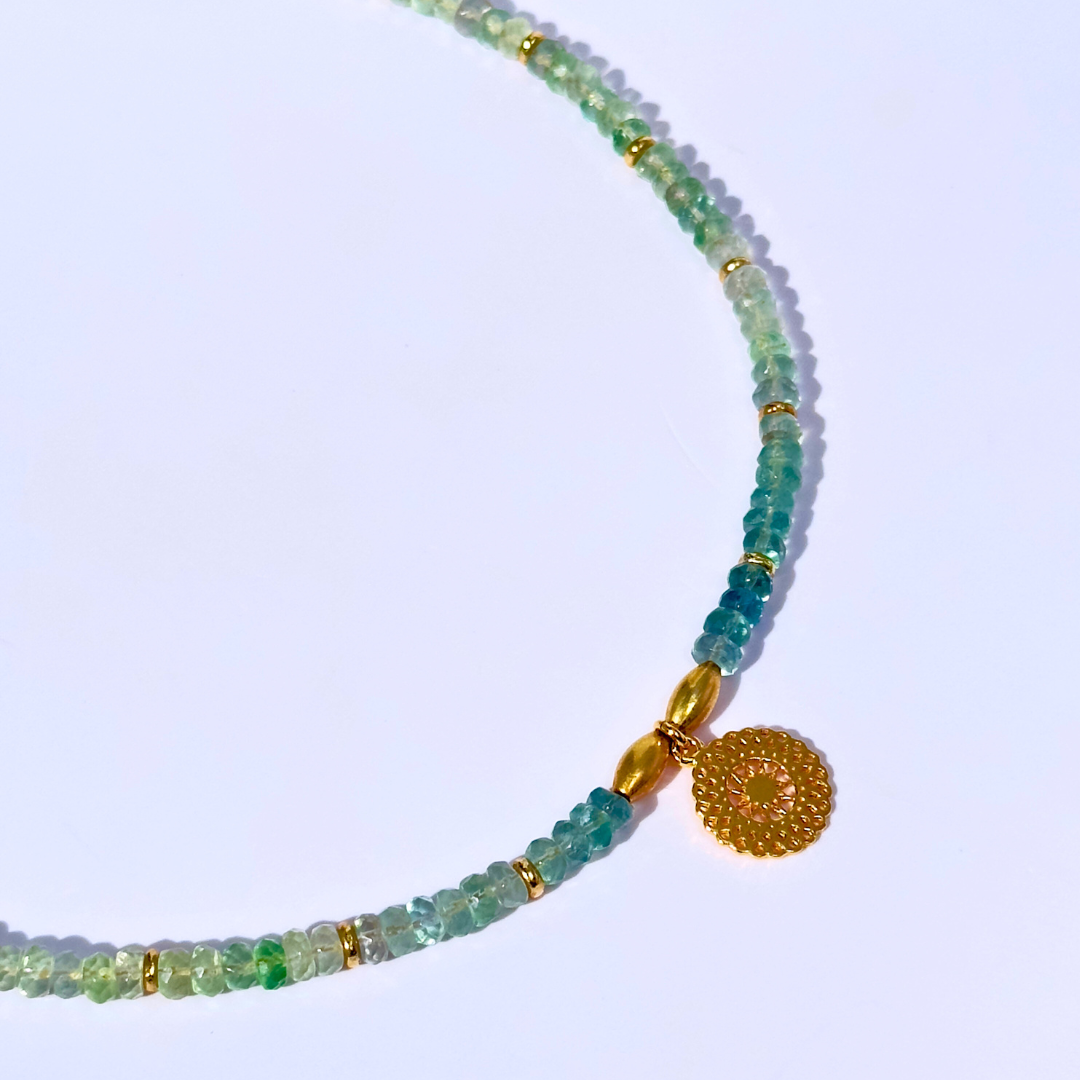 Short Layering Necklace w/ 24K GV Mandala Charm & Rare Premium Blue Fluorite