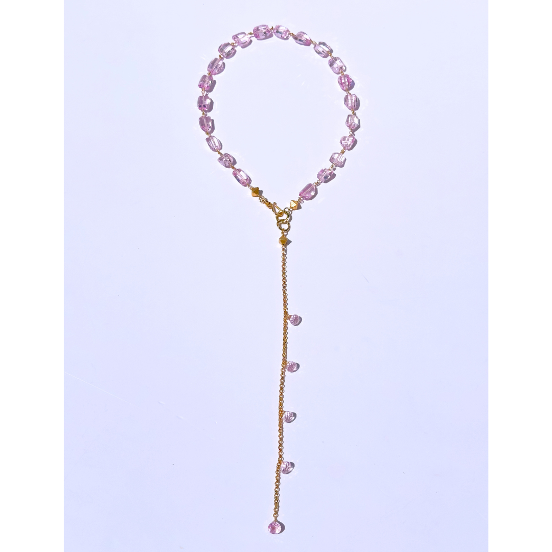 24K Gold Vermeil Long Lariat Necklace w/ Stunning Hand-Cut Light Pink Spinels