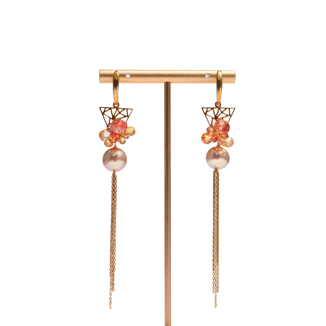 Gorgeous Padparadscha Sapphire Bouquet Earrings with Premium Edison Pearls & 24K GV