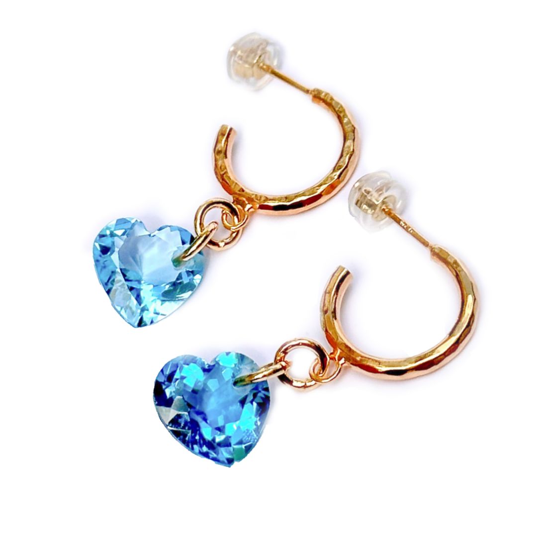 24k Gold Hammered Short Hoop Earrings with Swiss Blue Topaz Hearts