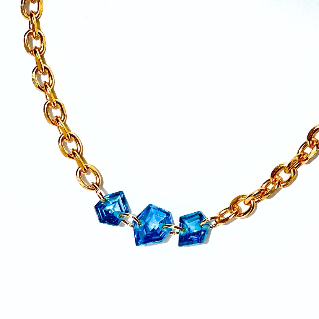 24K Gold Chunky Chain & London Blue Topaz Geometrical Cut Stone Choker Necklace