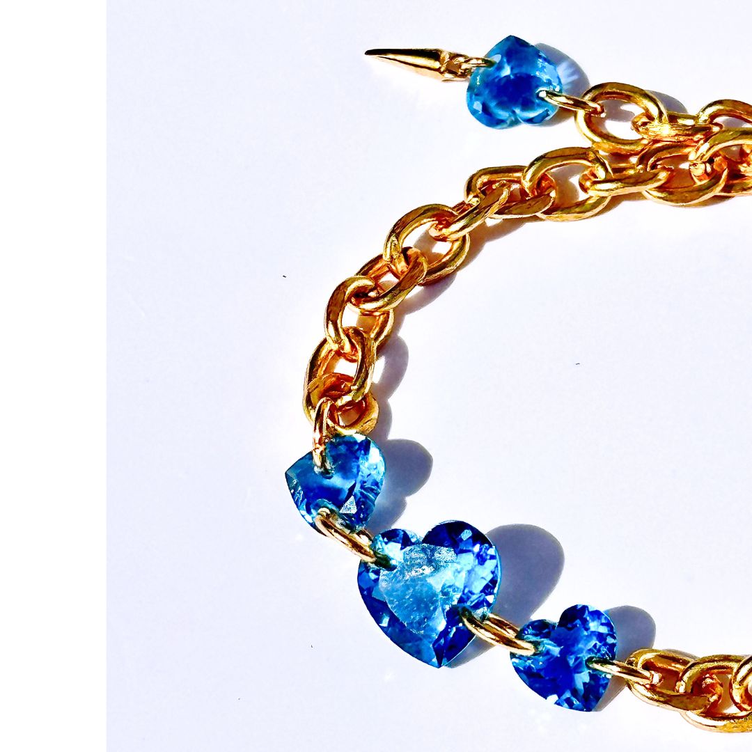24K Gold vermeil Chunky Chain & Swiss Blue Topaz Heart Trio Bracelet