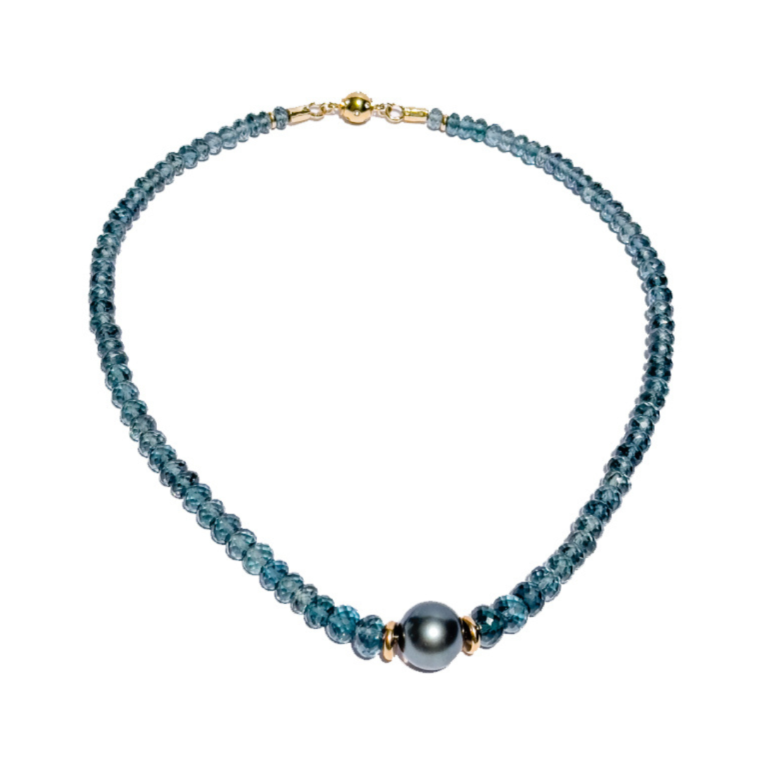 Extremely Rare Teal Blue Topaz and Premium Green Tahitian Pearl Necklace