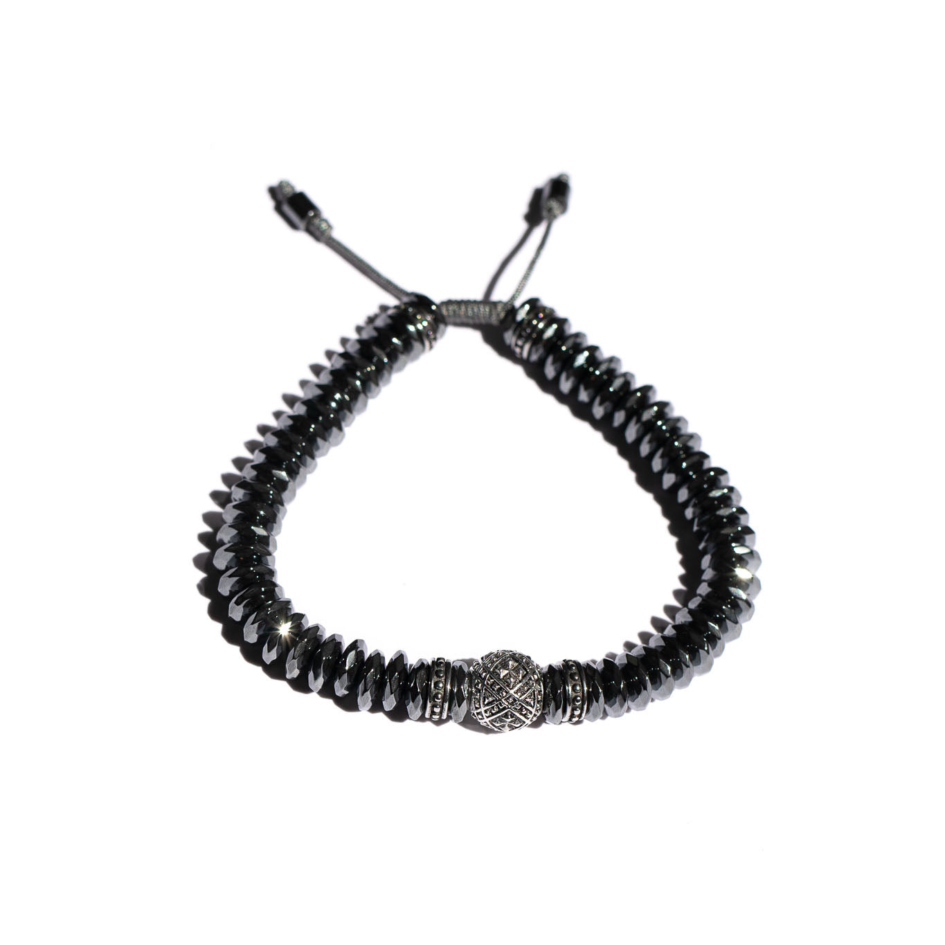 Beaded Bracelet with Silver Sacred Geometry Pattern Focal & Precision-Cut Hematite