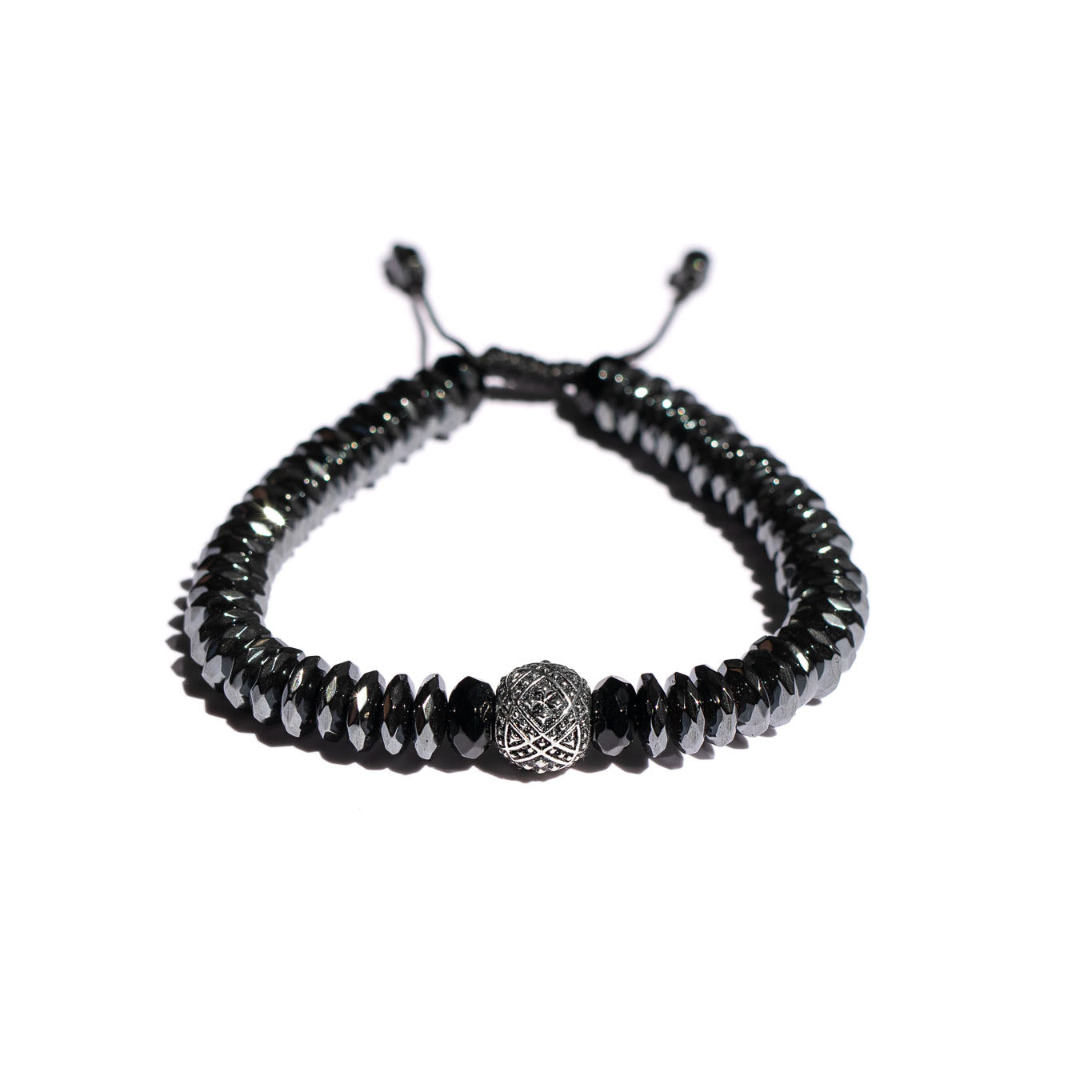 Beaded Bracelet with Oxidized Sacred Geometry Focal, Hematite & Black Onyx