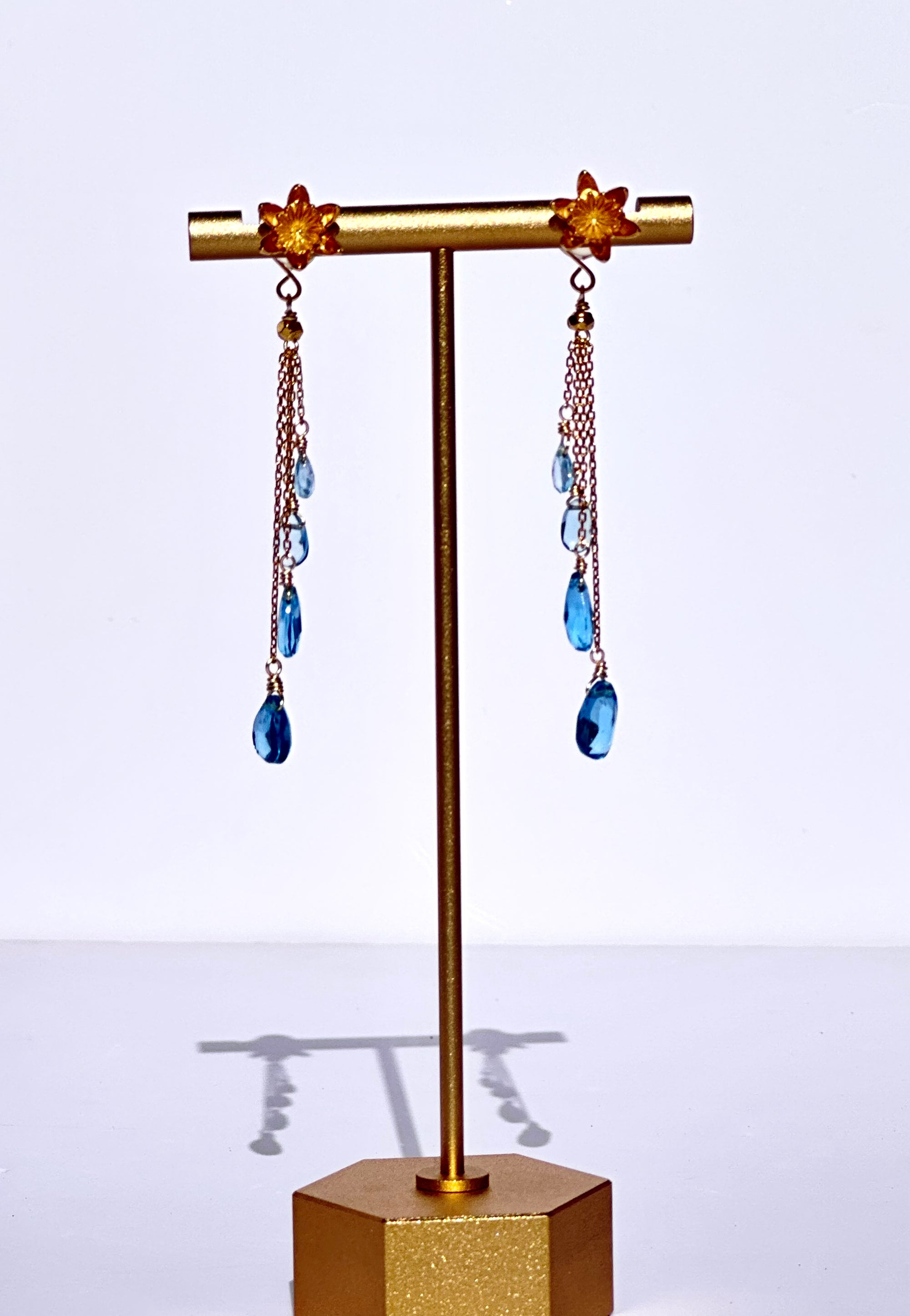 24K Gold Vermeil Lotus Flower & London Blue Topaz Drop Earrings