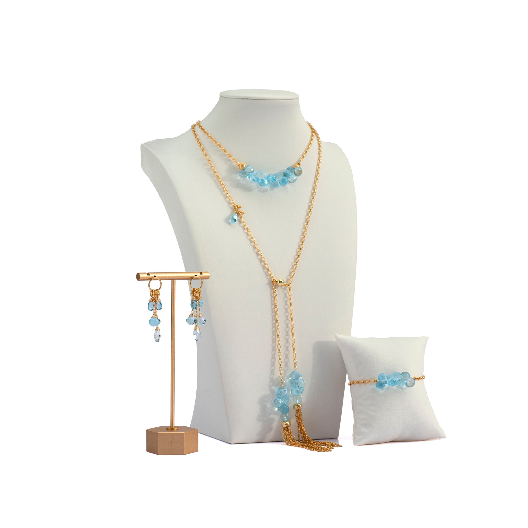 24K Swiss Blue Topaz Wrap Necklace, Bracelet & Charm Earring Set Special!