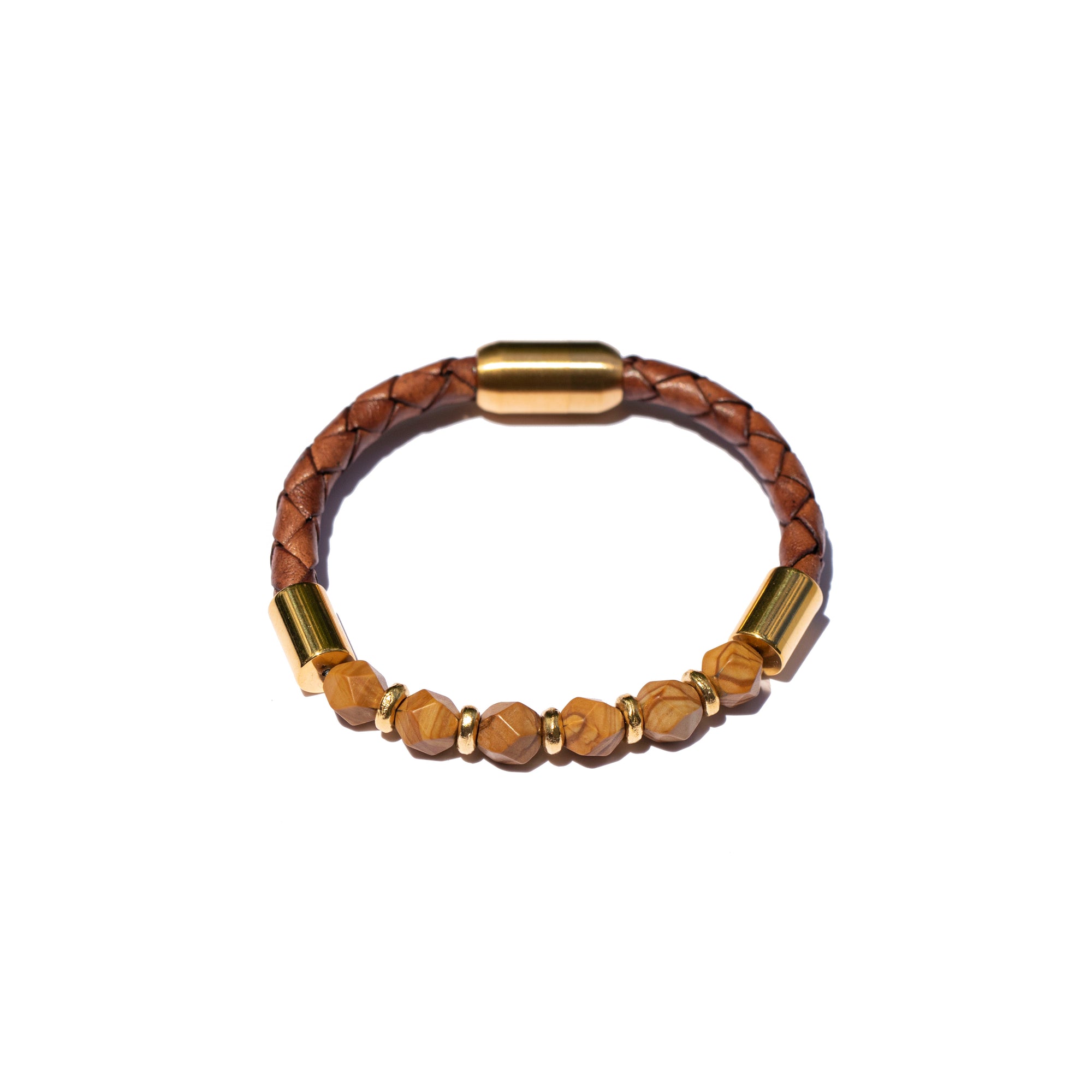 Storyteller Collection: Petrified Wood Jasper, 24K Gold Vermeil & Leather Bracelet