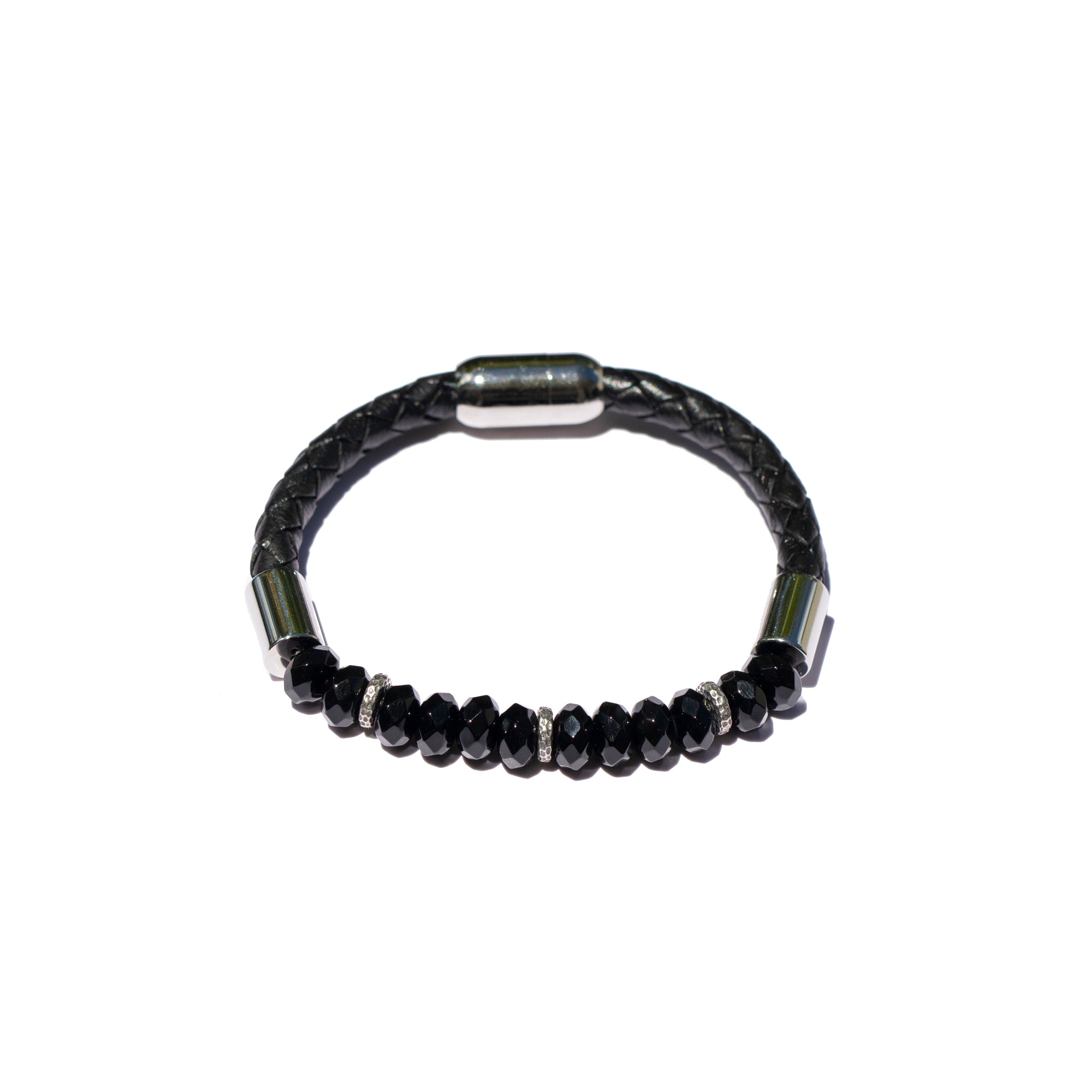 Storyteller Collection: Faceted Black Onyx, Oxidized Hammered Silver & Leather Bracelet