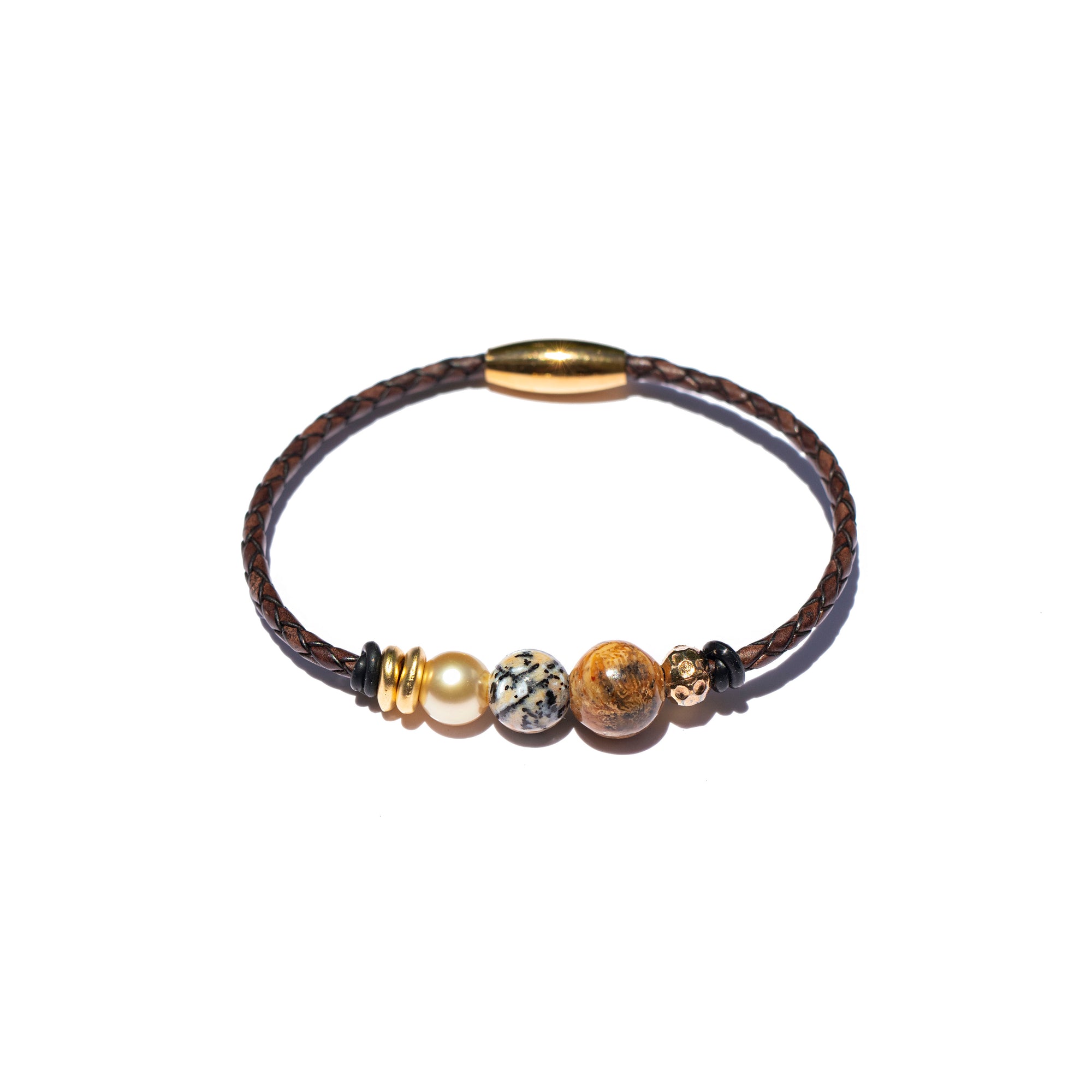 Storyteller Collection: 24K Gold Vermeil, Golden South Pearl, Dendritic Opal & Fossil Coral Bracelet