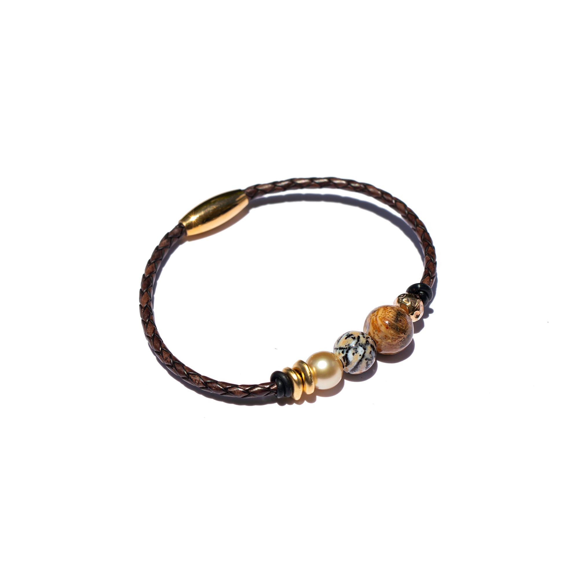 Storyteller Collection: 24K Gold Vermeil, Golden South Pearl, Dendritic Opal & Fossil Coral Bracelet