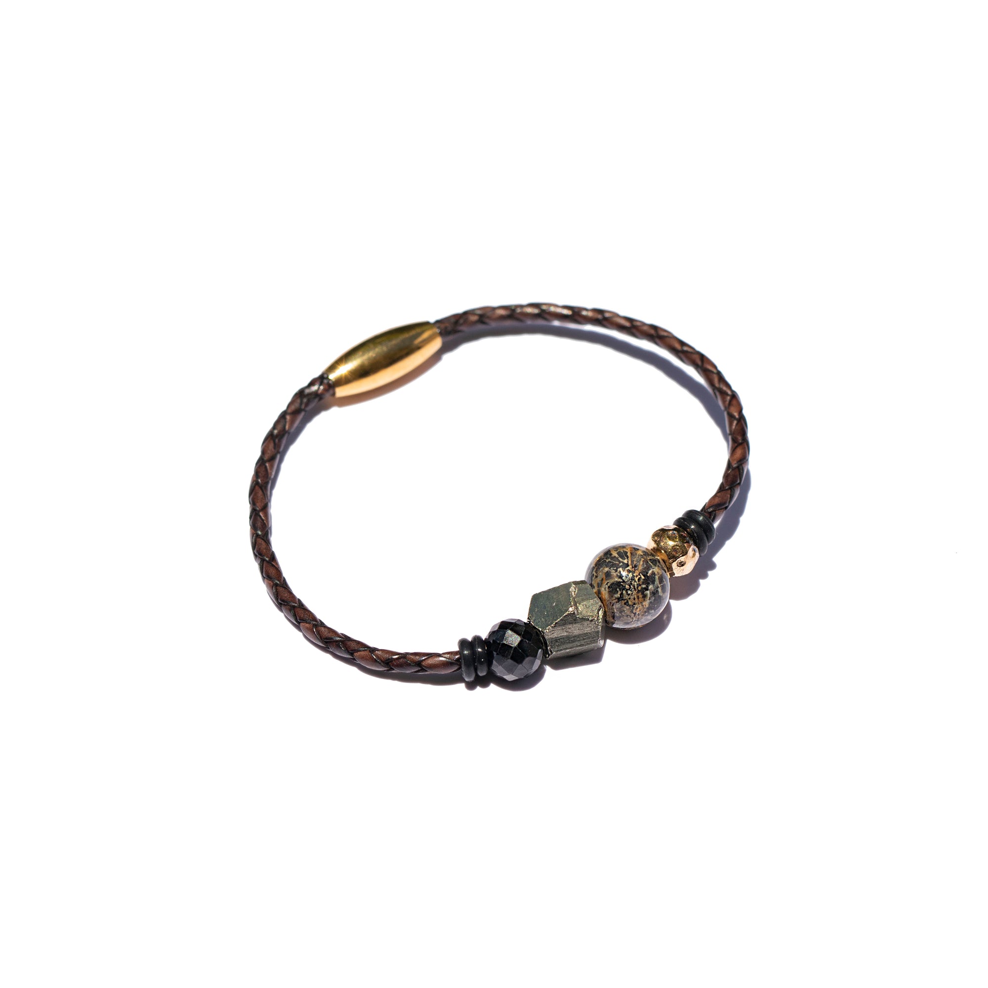 Storyteller Collection: 24K Hammered Gold Vermeil, Pyrite, Ancient Coral & Black Spinel Bracelet