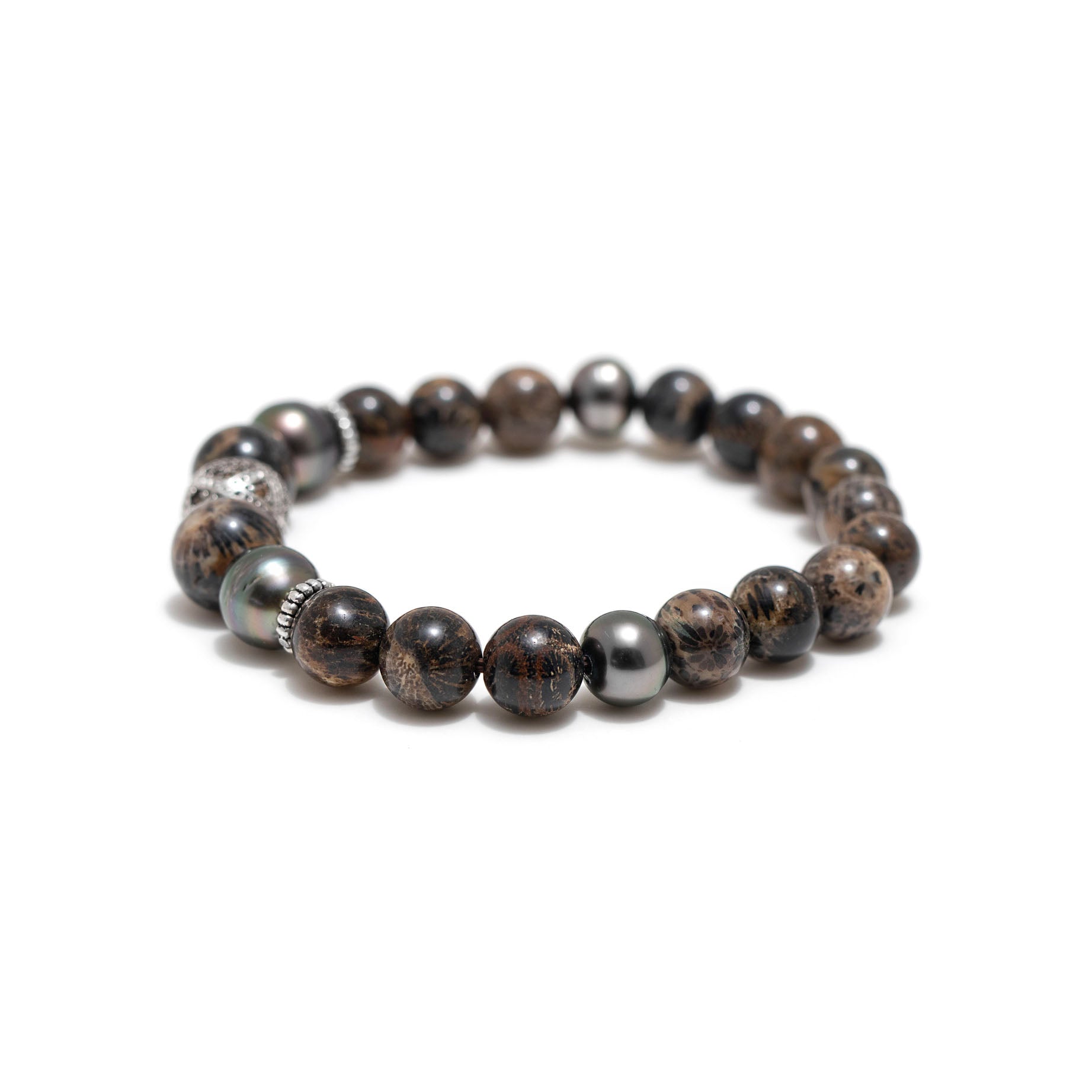 Beaded Silver Geometric Pattern Focal, 4 Tahitian Pearl & Rare Black Fossilized Coral Bracelet