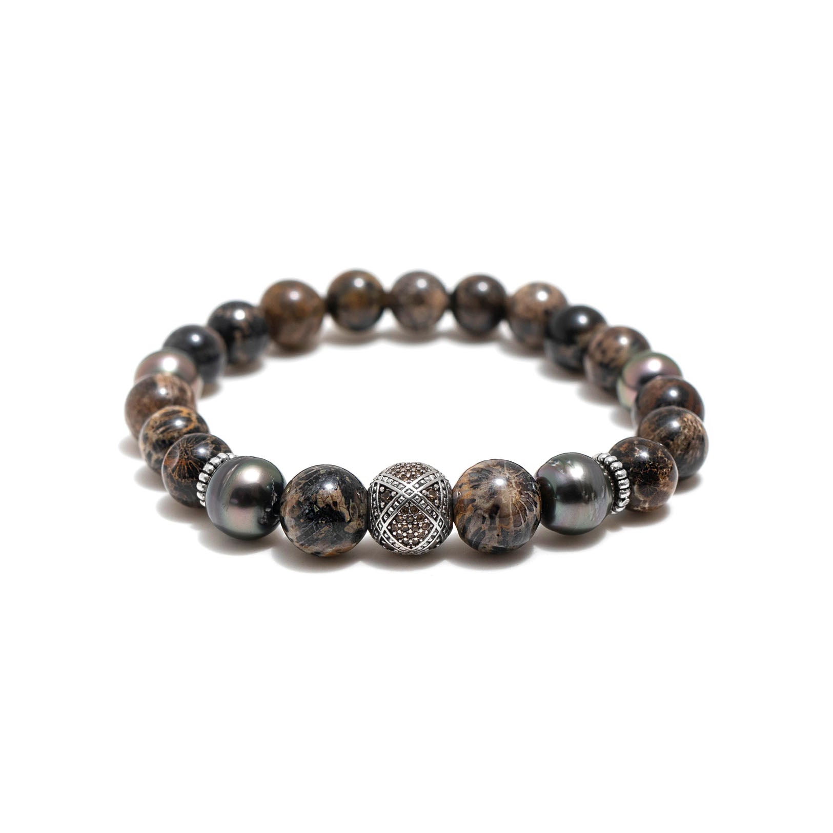 Beaded Silver Geometric Pattern Focal, 4 Tahitian Pearl & Rare Black Fossilized Coral Bracelet