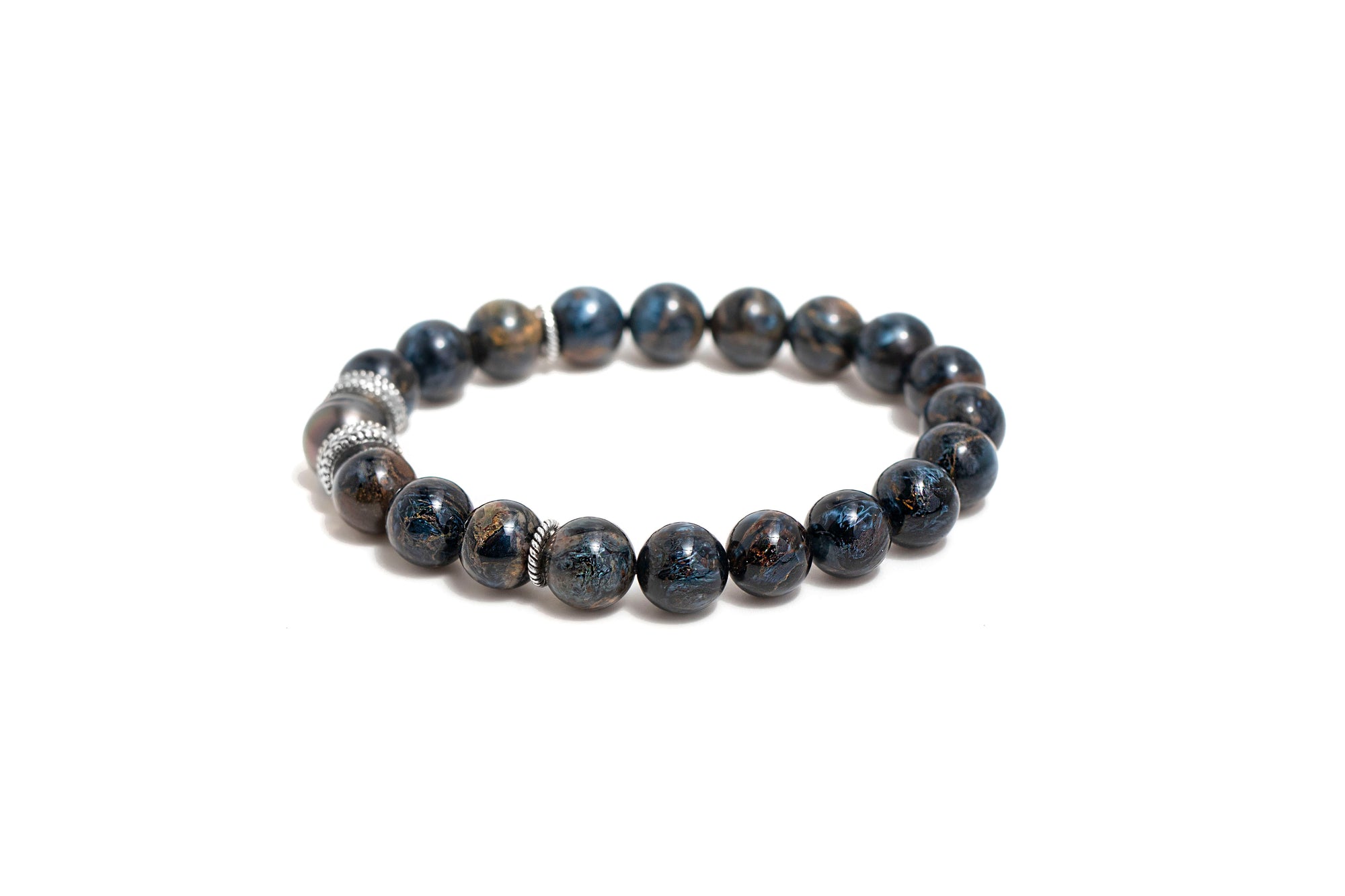 Beaded Sterling Silver, Premium Blue & Gold Namibian Pietersite & Tahitian Pearl Limited Edition Bracelet