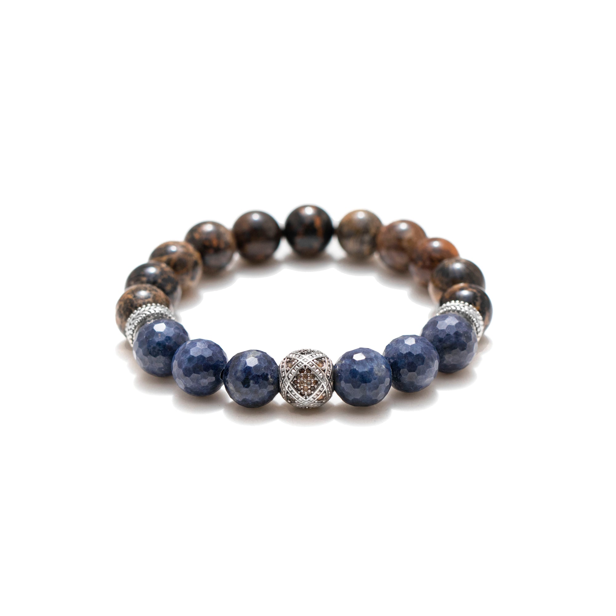 Beaded Sterling Silver Geometrical Focal Bead, Rare Fossil Coral & Blue Sapphire Bracelet