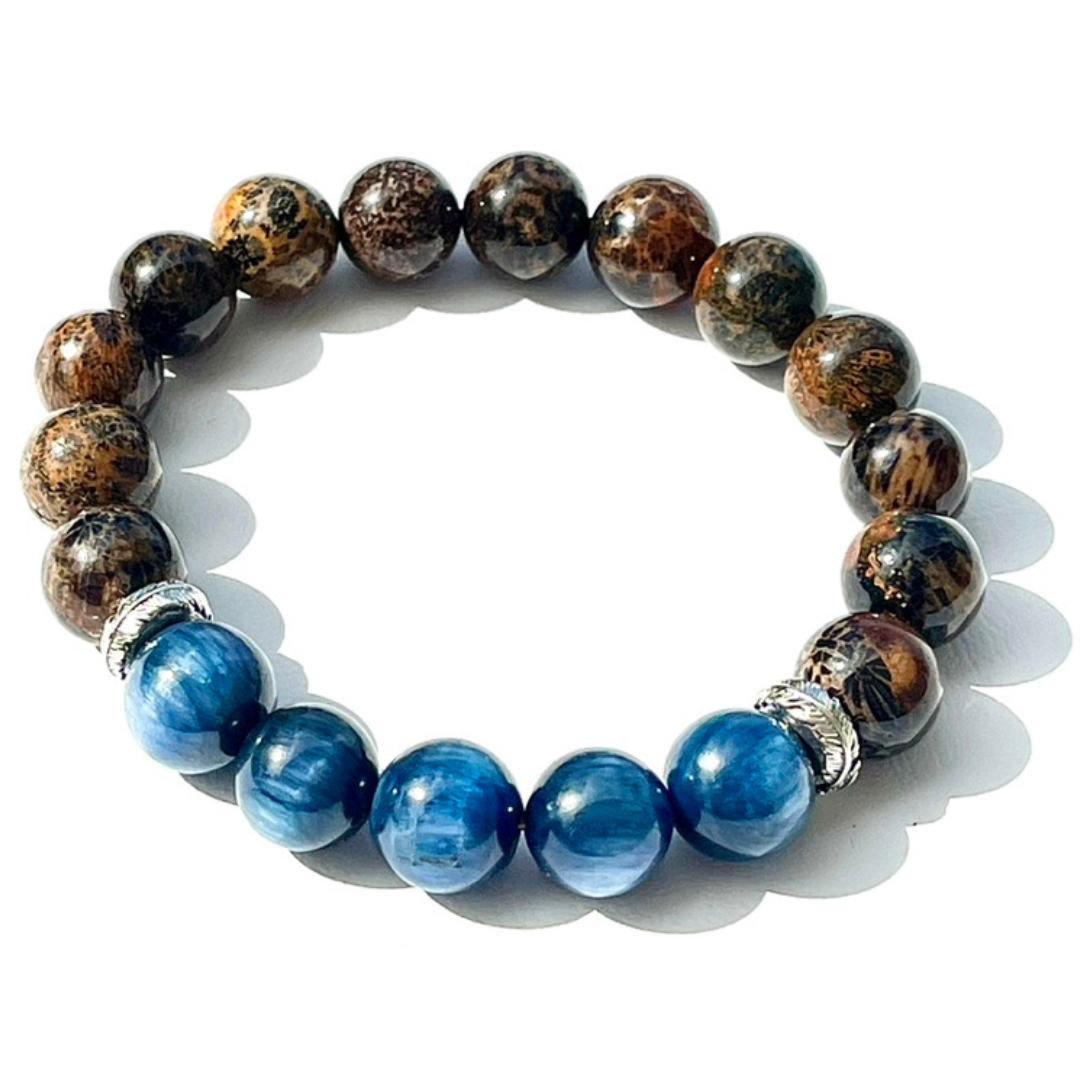 Men's Beaded Bracelet: 925 Silver Palm Leaves Quality Kyanite w/ Fossilized Black Coral