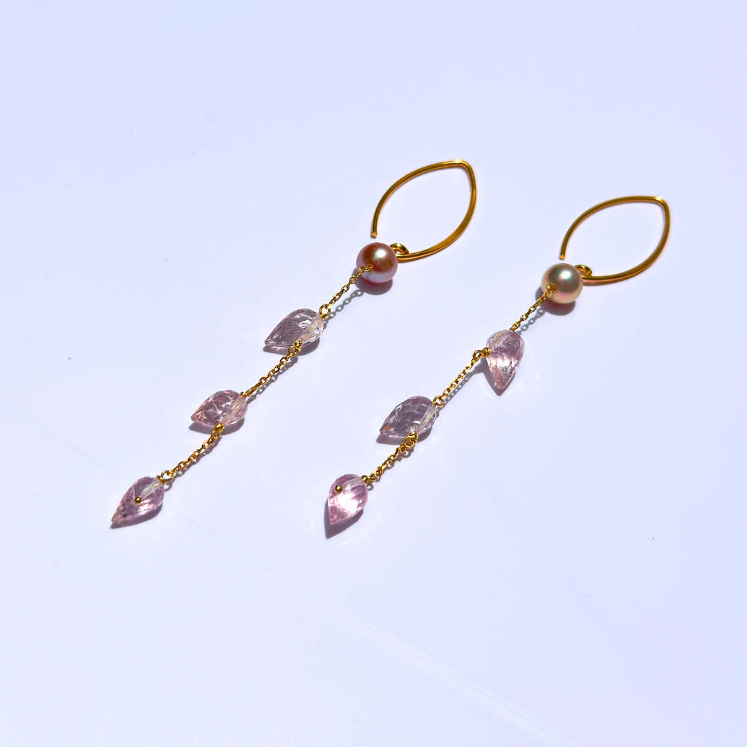 24K Gold Vermeil Drop Earrings with Hand Selected Edison Pearls, and Premium Faceted Morganite Tear Drops