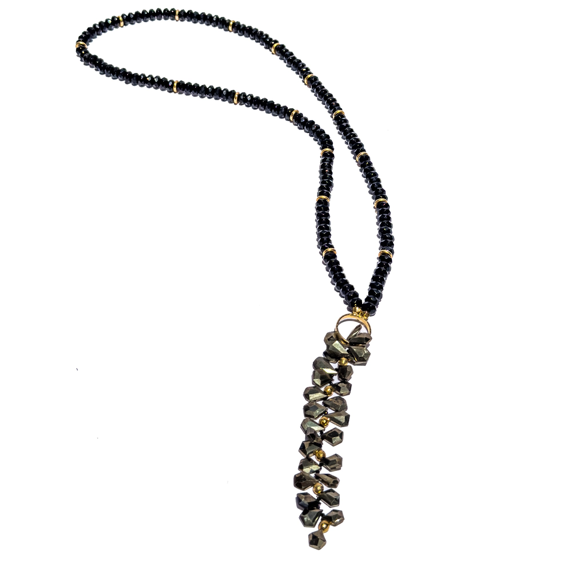 Long Statement Necklace: 24K GV, Faceted Black Onyx & Tassel with Rare Pyrite Tears, Black Diamonds & faceted 24K GV Spheres
