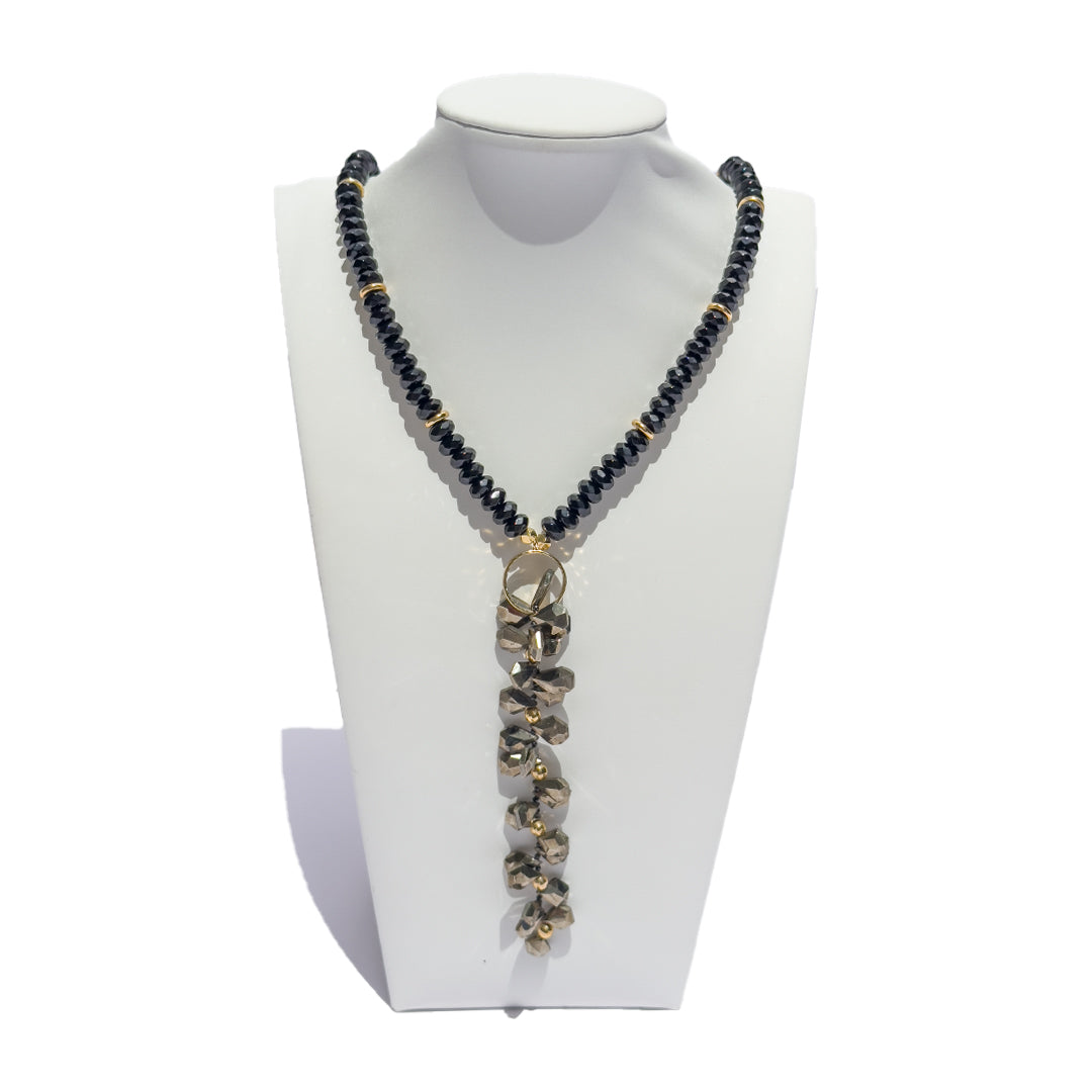 Long Statement Necklace: 24K GV, Faceted Black Onyx & Tassel with Rare Pyrite Tears, Black Diamonds & faceted 24K GV Spheres