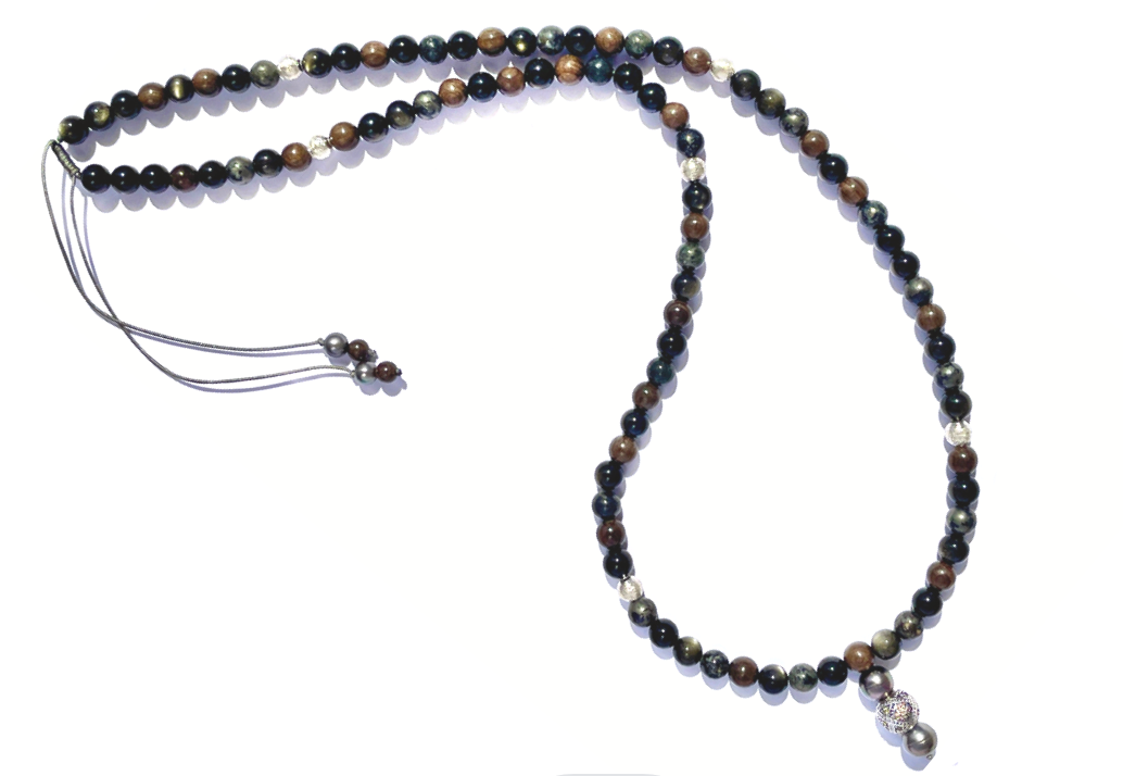 Shamballa Beaded Necklace: Tahitian Pearls, Golden Obsidian, Pyrite, Rare Tropical Wood & Handcrafted Silver