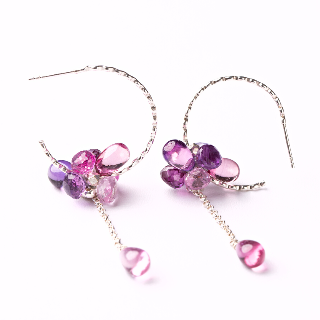 Fine Silver, Pink & Purple Sapphire Cluster Hoop Earrings