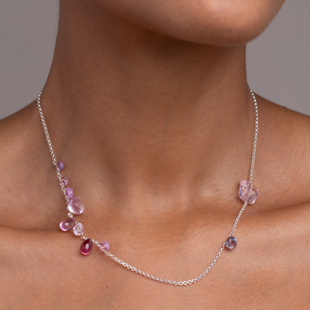 Pink Spinel, Pink & Purple Sapphire Short Fine Silver Chain Necklace