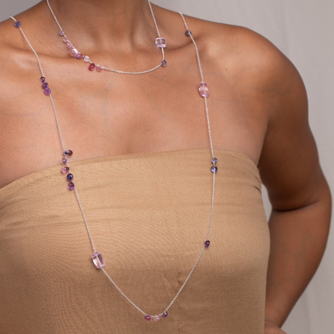 Pink Spinel, Pink & Purple Sapphire Long Fine Silver Chain Necklace