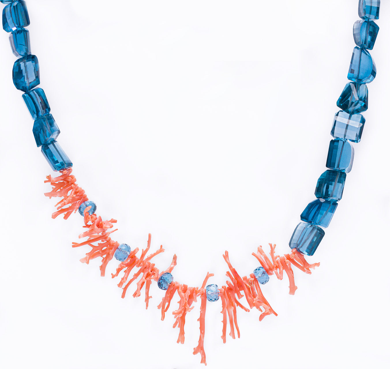 Ocean Inspired Pink Coral Branch & London Blue Topaz Asymmetrical Necklace