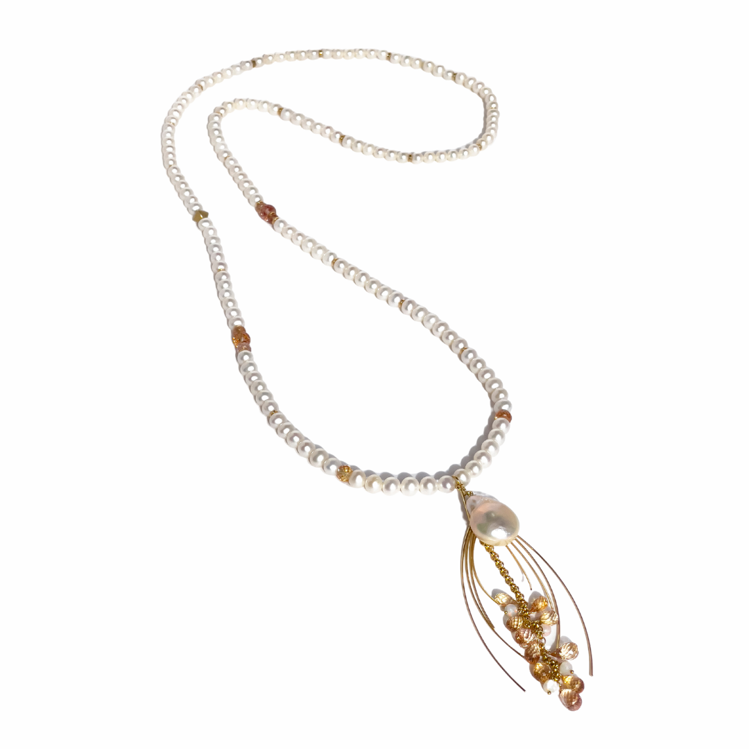 Long Freshwater Pearl Necklace with AAA Grade Flameball Pearl, Gold Sunrays, Padparadscha Sapphires & Opals