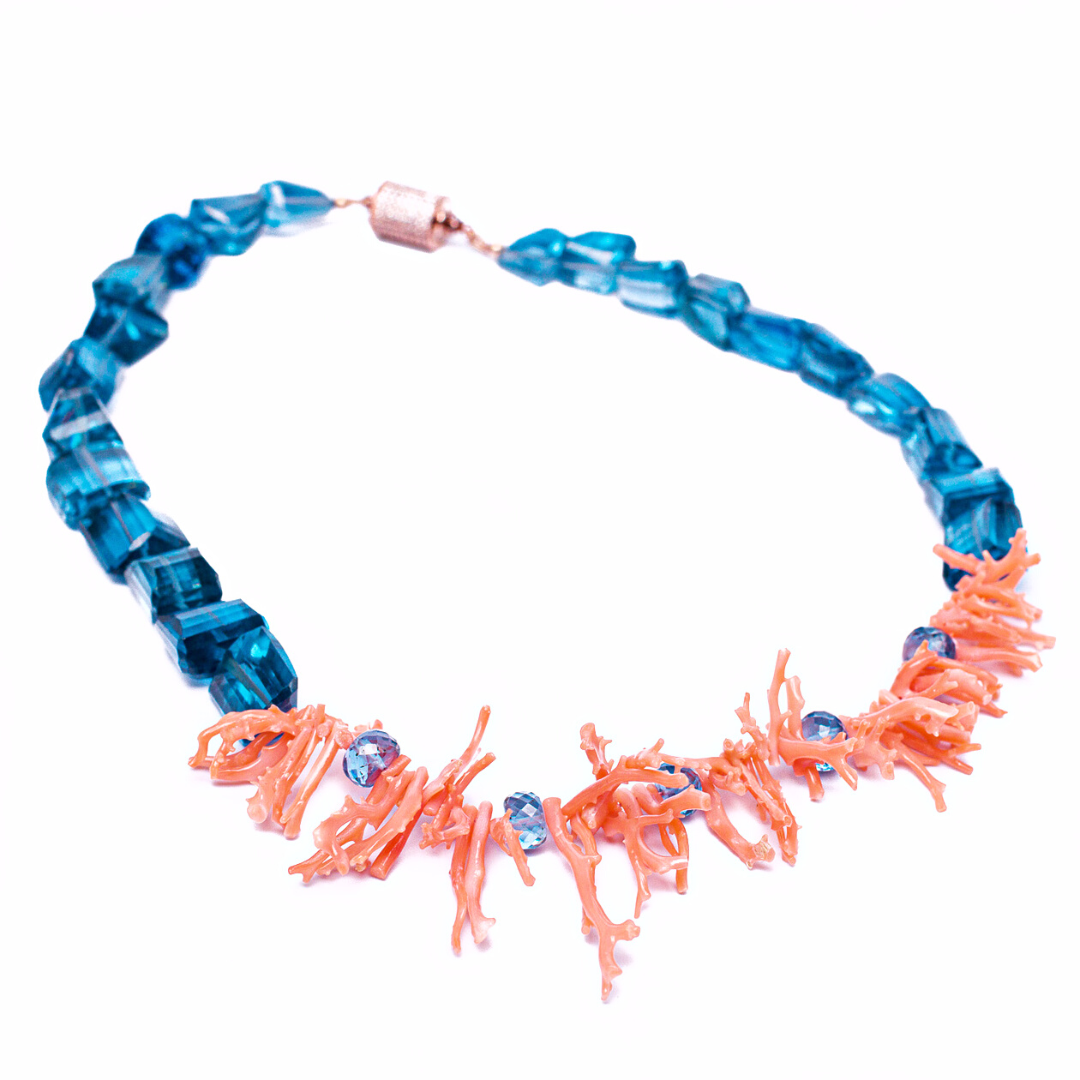 Ocean Inspired Pink Coral Branch & London Blue Topaz Asymmetrical Necklace
