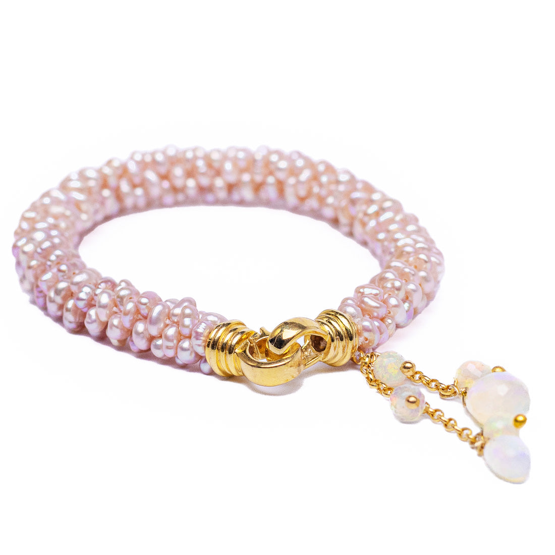 Exclusive Handwoven Tiny Pink Seed Pearl Bracelet with Welo Fire Opal Tassel